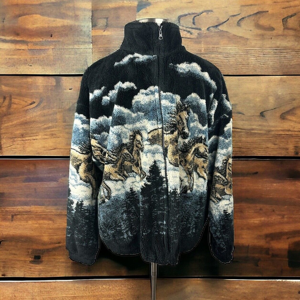 Vtg Mazmania Horse Fleece Sherpa Coat Multicolor Full Zip USA Made Equestrian XL - Picture 10 of 10